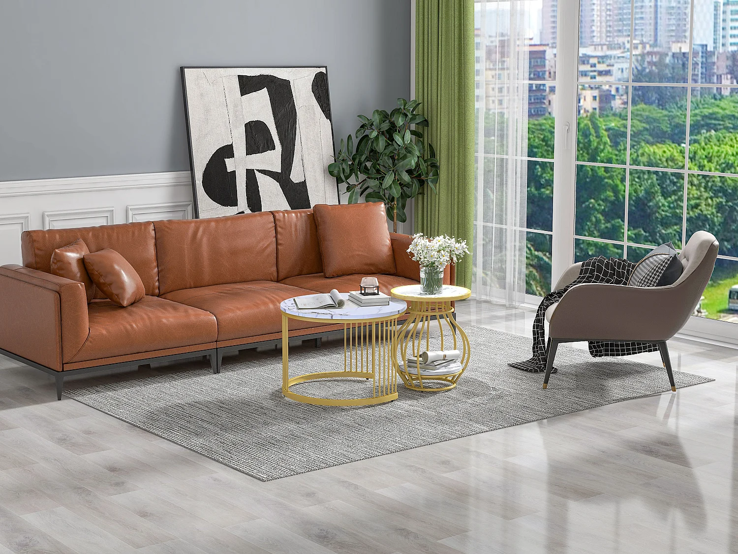 Set aus 2 runden Wohnzimmer-Couchtischen – Metall und MDF – Satztische – Marmoroptik – Weiß