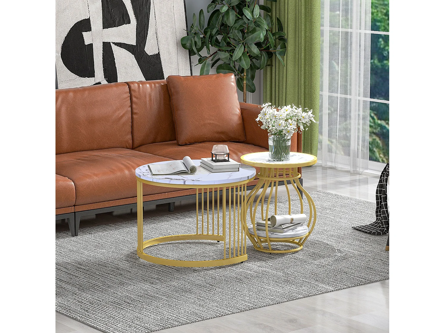 Lot de 2 tables basses rondes de salon - métal & MDF - tables gigognes - Aspect marbre - blanc