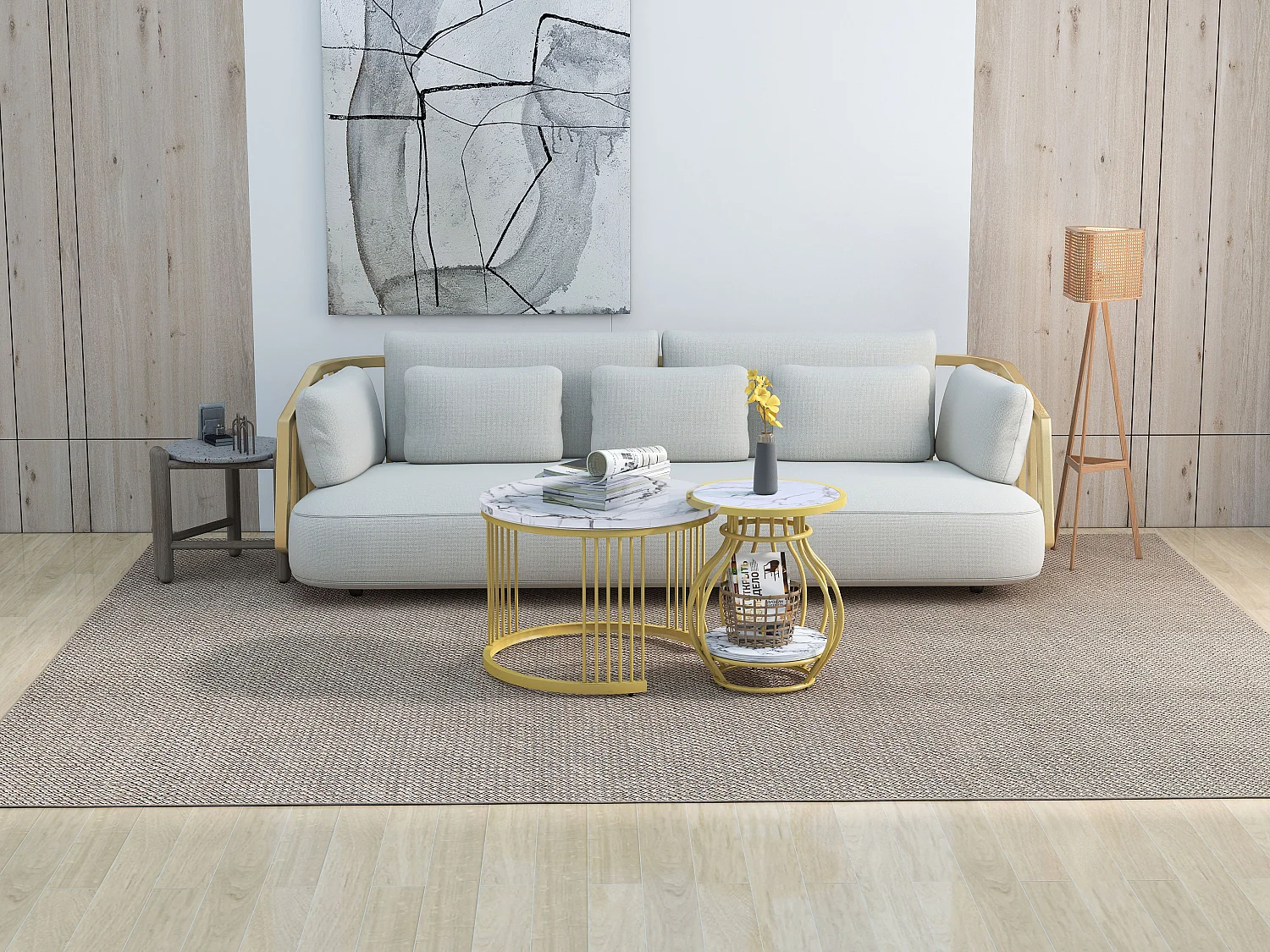 Lot de 2 tables basses rondes de salon - métal & MDF - tables gigognes - Aspect marbre - blanc