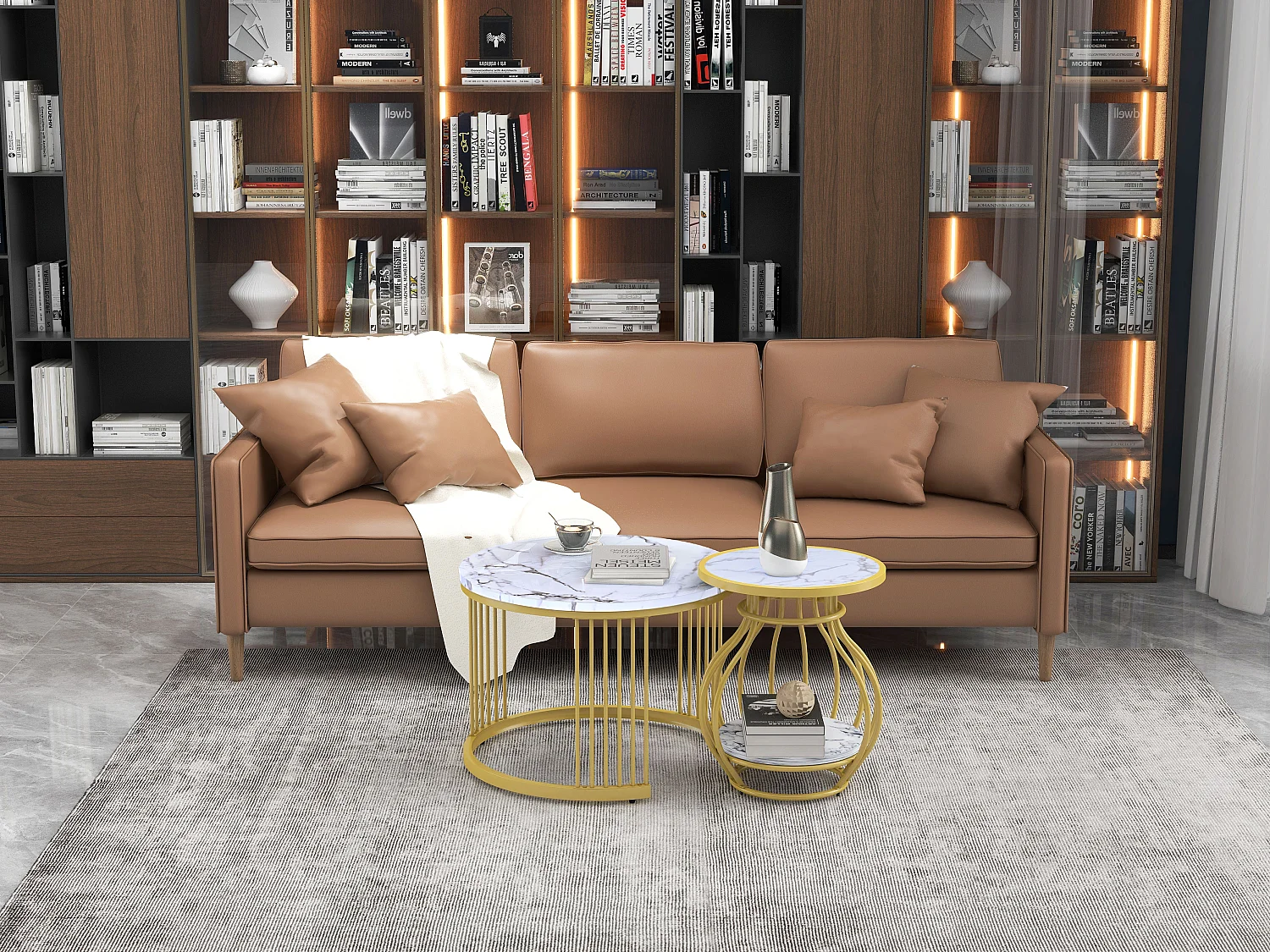 Lot de 2 tables basses rondes de salon - métal & MDF - tables gigognes - Aspect marbre - blanc