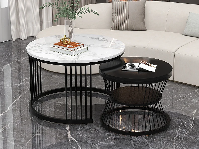 Set van 2 in elkaar geschoven salontafels - Ronde bijzettafels - Metaal + MDF hout - Marmerlook - Zwart & wit