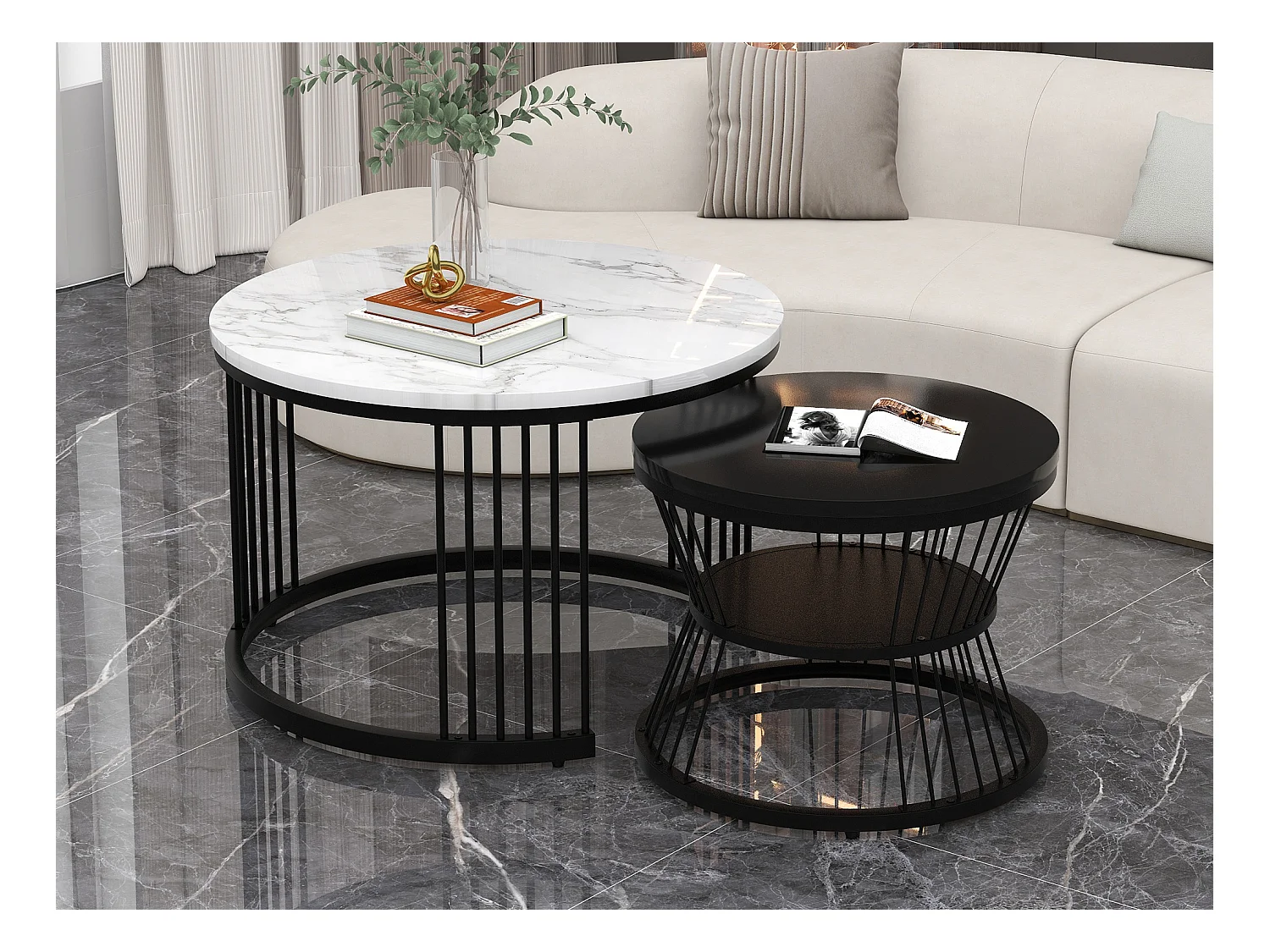 Zestaw 2 składanych stolików kawowych - MDF, drewno, nogi metalowe - blat z wzorem marmuru - kolor czarny i biały