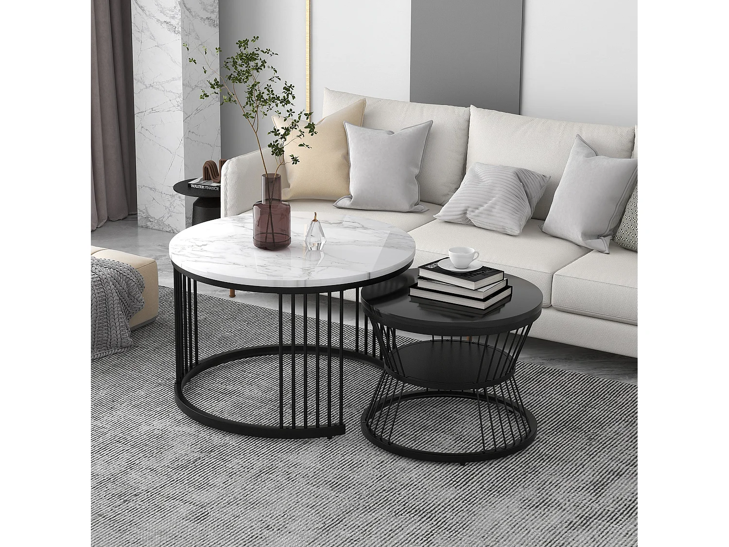 Zestaw 2 składanych stolików kawowych - MDF, drewno, nogi metalowe - blat z wzorem marmuru - kolor czarny i biały