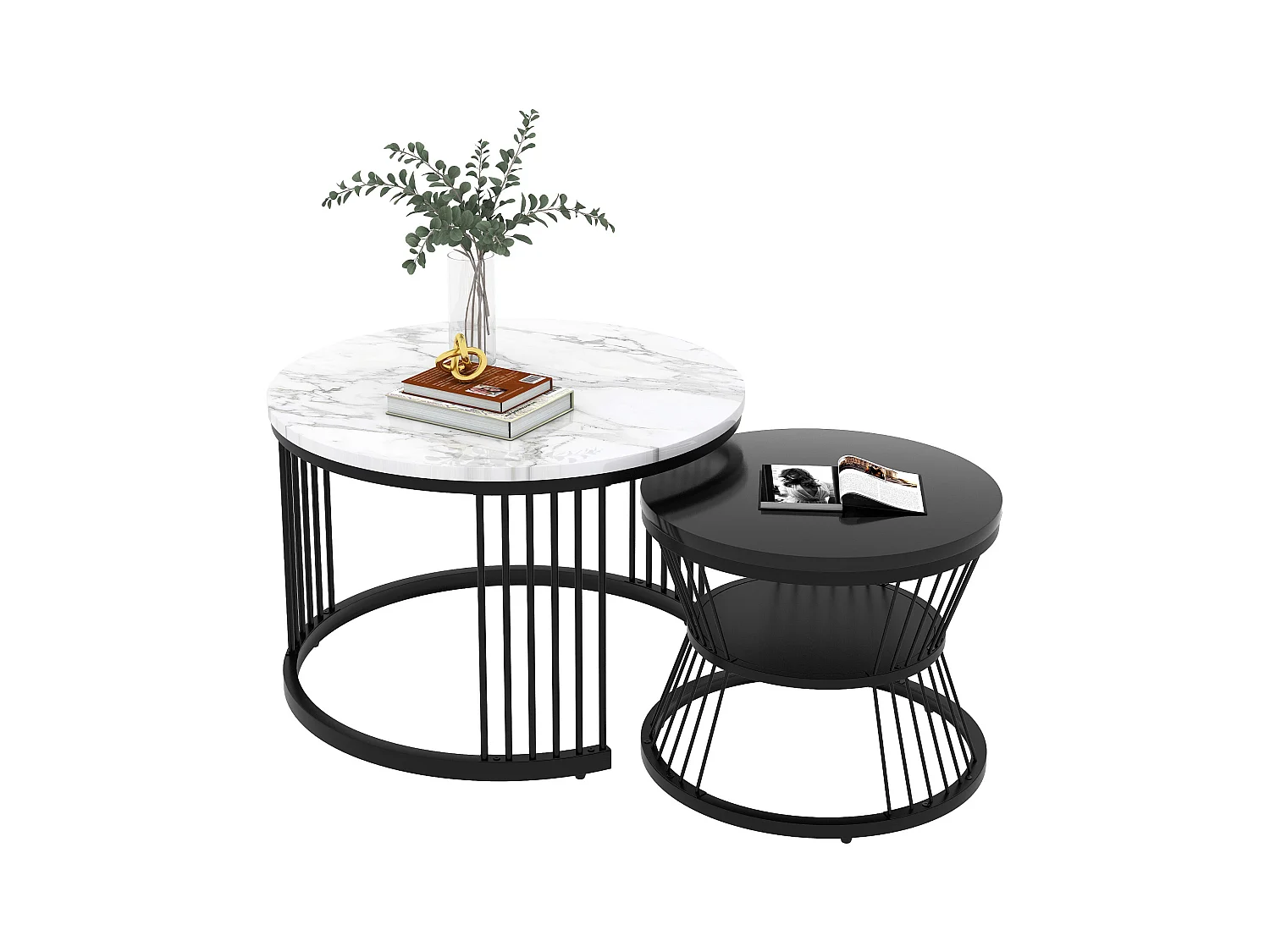 Zestaw 2 składanych stolików kawowych - MDF, drewno, nogi metalowe - blat z wzorem marmuru - kolor czarny i biały