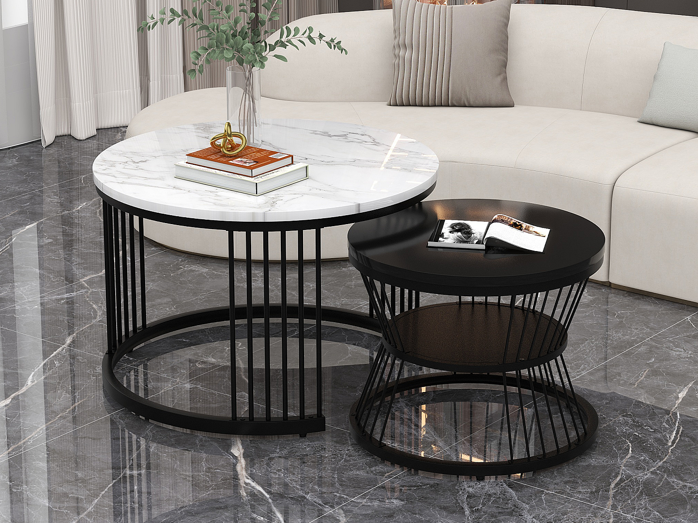 Set Di 2 Tavolini Moderni YITAHOME - Legno E Metallo Dorato, Bianco E Nero - Foto 3