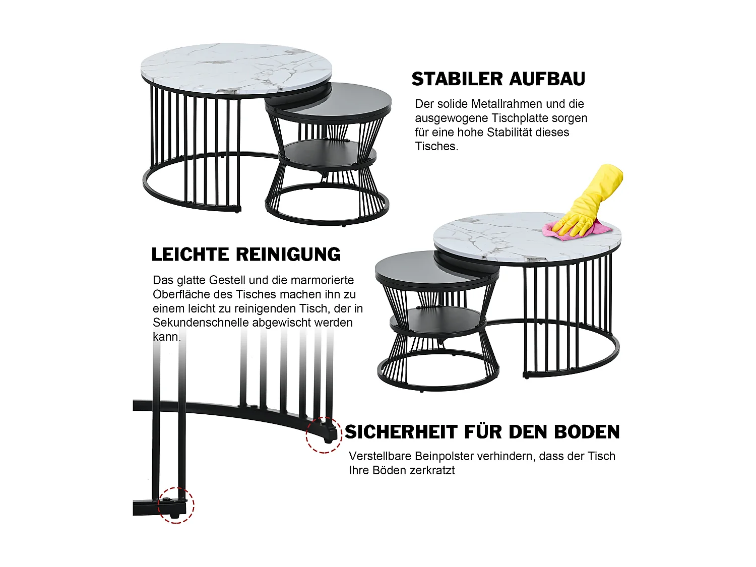 Juego de 2 mesas de centro nido - Mesas auxiliares redondas - Metal + madera MDF - Aspecto mármol - Blanco y negro