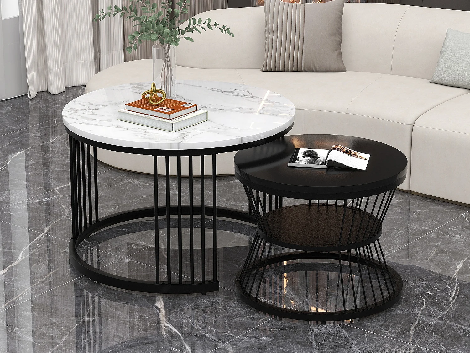 Set aus 2 ineinander steckbaren Couchtischen – Runde Beistelltische – Metall + MDF-Holz – Marmoroptik – Schwarz und Weiß