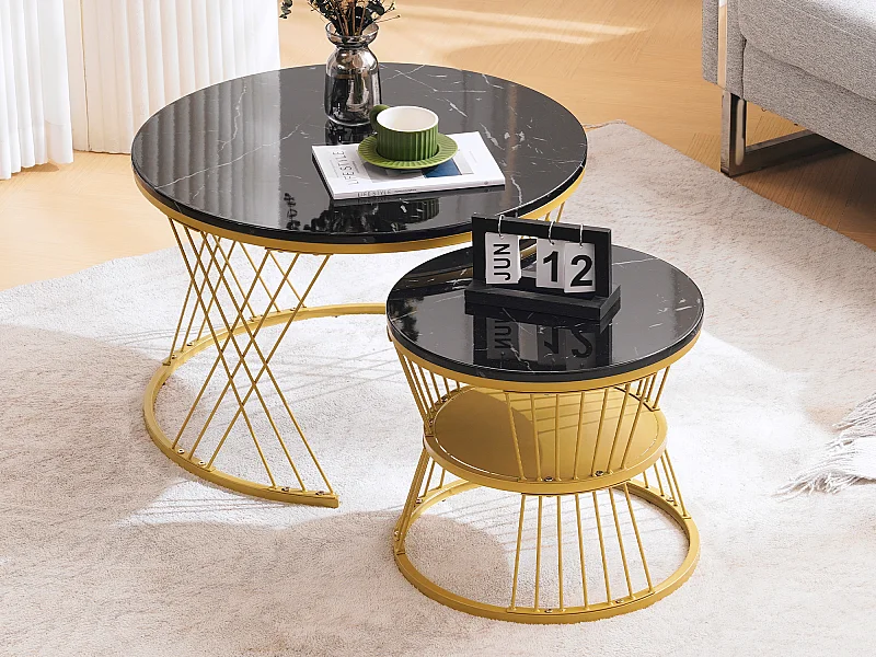 Set van 2 moderne bijzettafels, hoogglans salontafelset, marmeren fineer bank bijzettafels, ronde bijzettafels, set van 2, goudkleurig frame