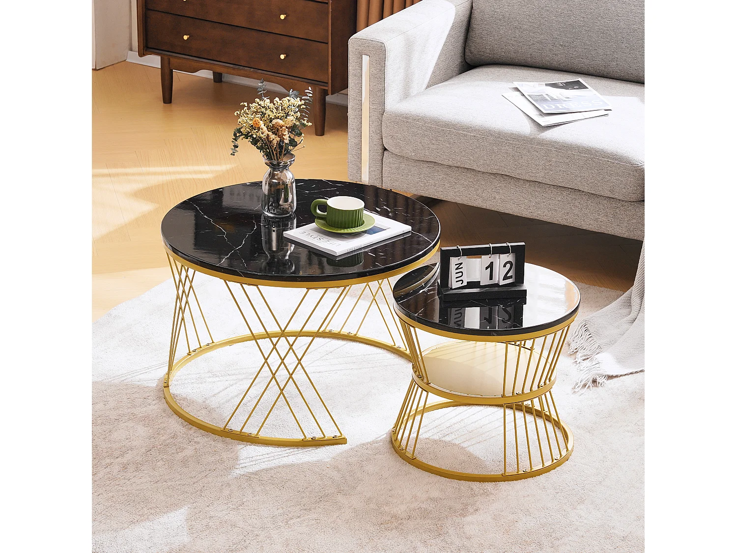 2er-Set, moderner Satz-Couchtisch, Hochglanz-Couchtisch-Set, Sofa-Beistelltische aus Marmorfurnier, runde Beistelltische, 2er-Set, goldfarbener Rahmen