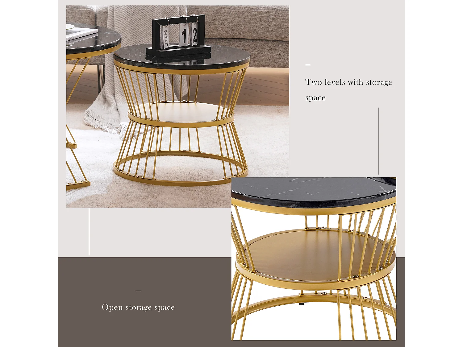 2er-Set, moderner Satz-Couchtisch, Hochglanz-Couchtisch-Set, Sofa-Beistelltische aus Marmorfurnier, runde Beistelltische, 2er-Set, goldfarbener Rahmen