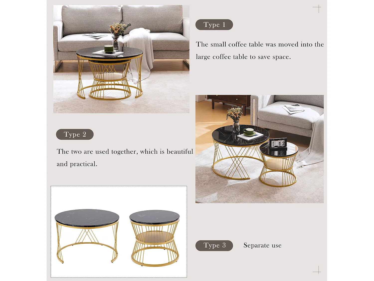 2er-Set, moderner Satz-Couchtisch, Hochglanz-Couchtisch-Set, Sofa-Beistelltische aus Marmorfurnier, runde Beistelltische, 2er-Set, goldfarbener Rahmen