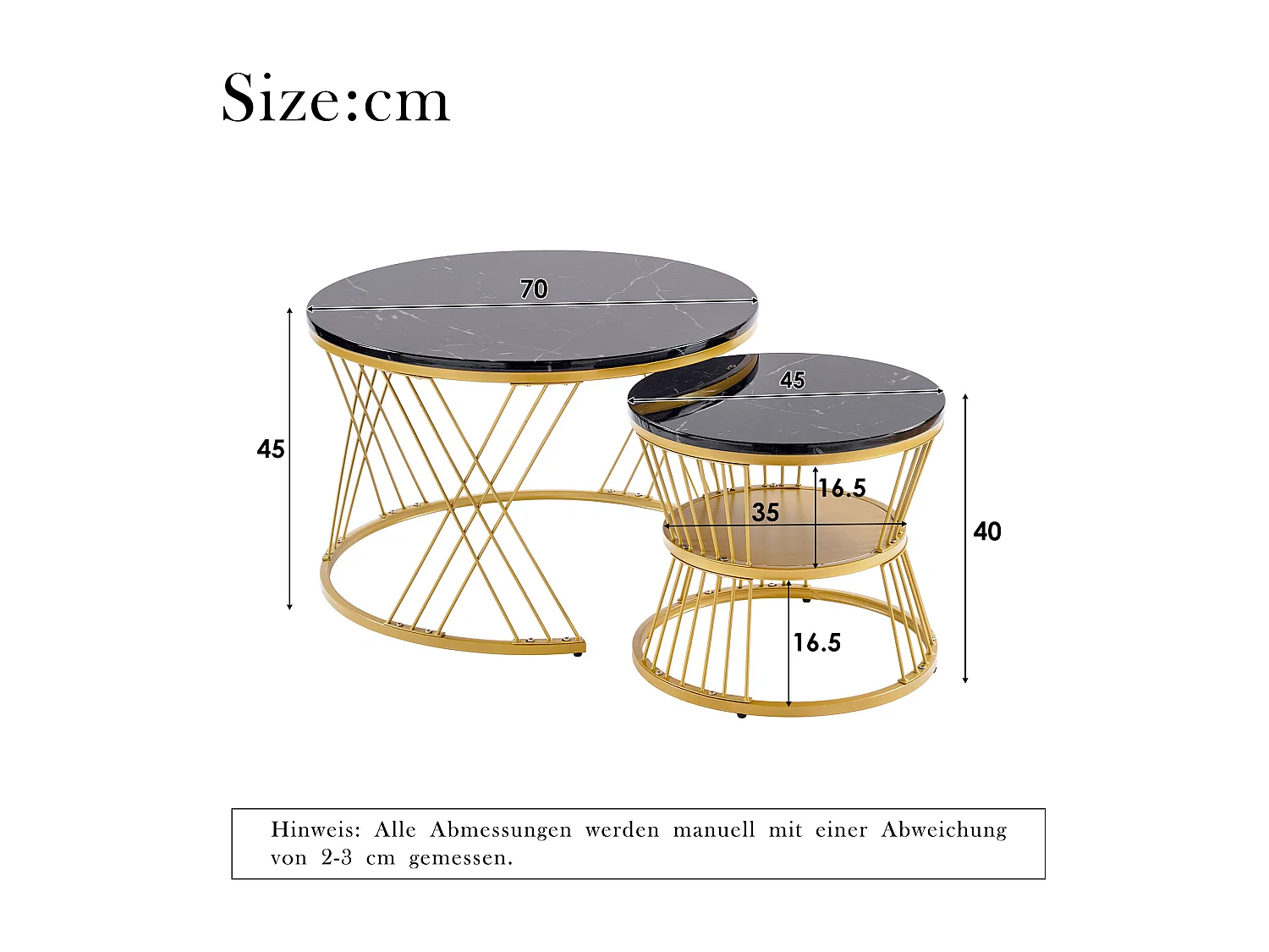 2er-Set, moderner Satz-Couchtisch, Hochglanz-Couchtisch-Set, Sofa-Beistelltische aus Marmorfurnier, runde Beistelltische, 2er-Set, goldfarbener Rahmen
