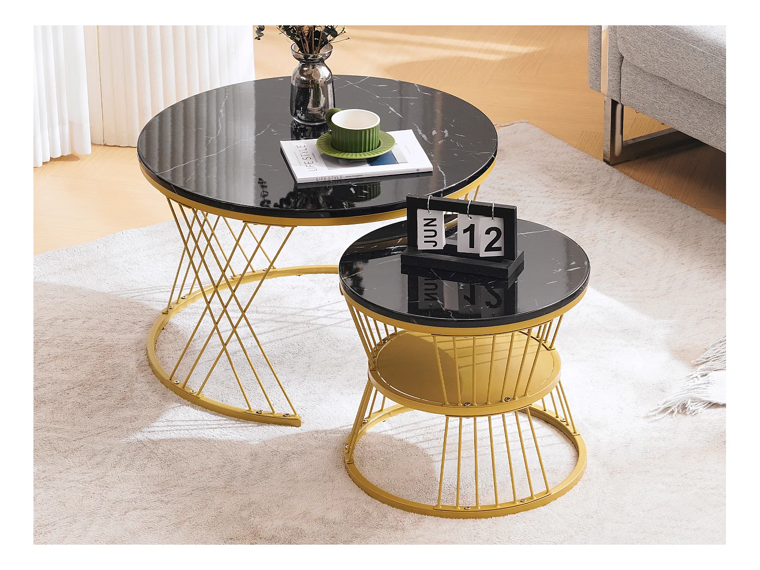 2er-Set, moderner Satz-Couchtisch, Hochglanz-Couchtisch-Set, Sofa-Beistelltische aus Marmorfurnier, runde Beistelltische, 2er-Set, goldfarbener Rahmen