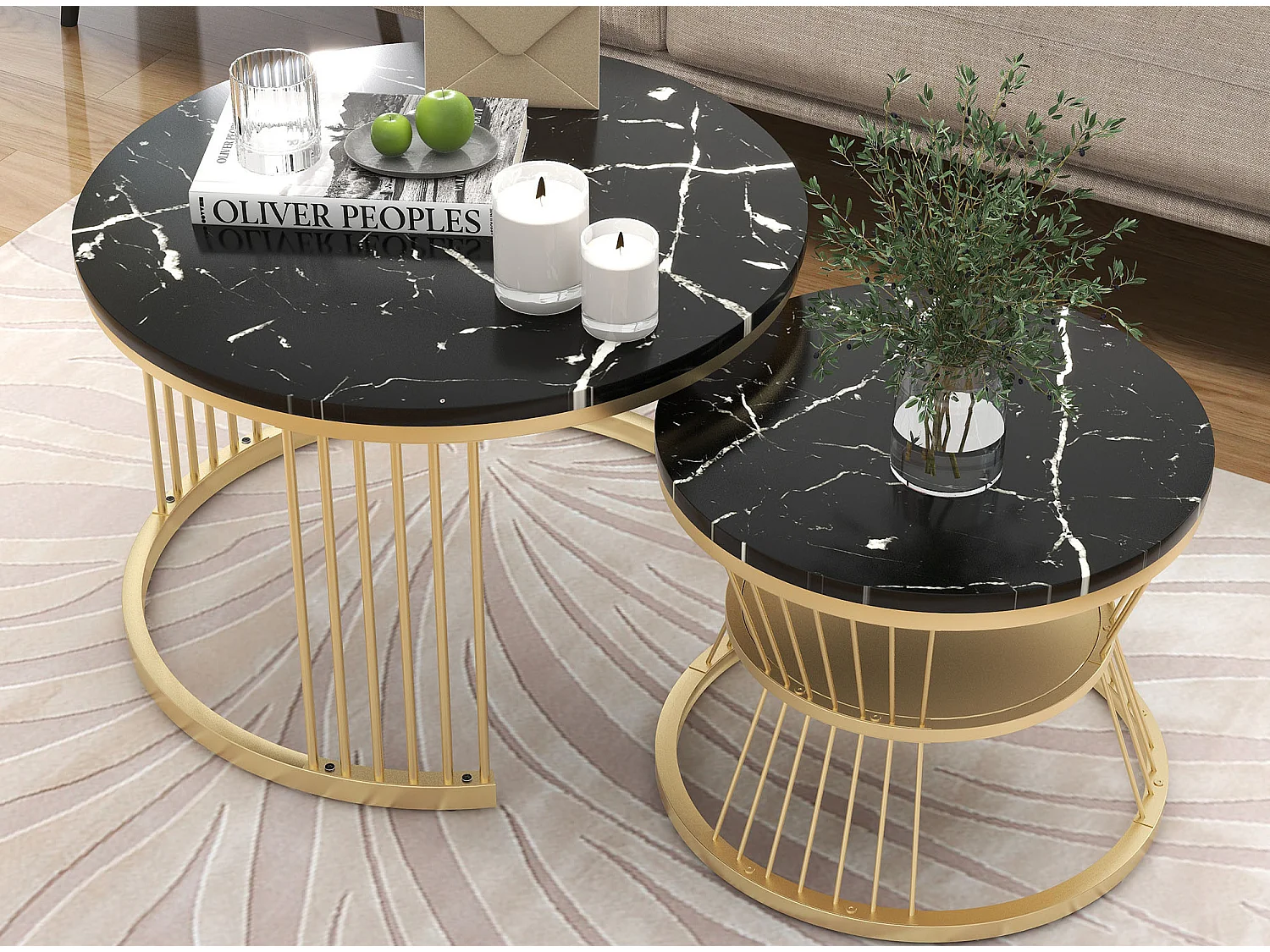 Lot de 2 tables basses gigognes - Tables d'appoint rondes - Métal & MDF - Aspect marbre - Noir