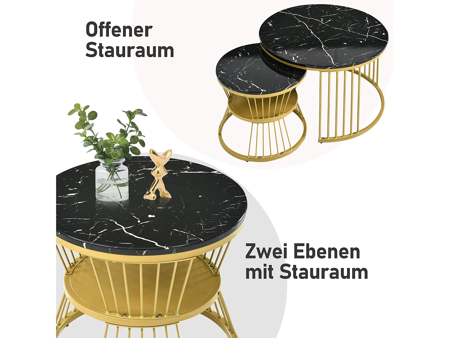 Lot de 2 tables basses gigognes - Tables d'appoint rondes - Métal & MDF - Aspect marbre - Noir