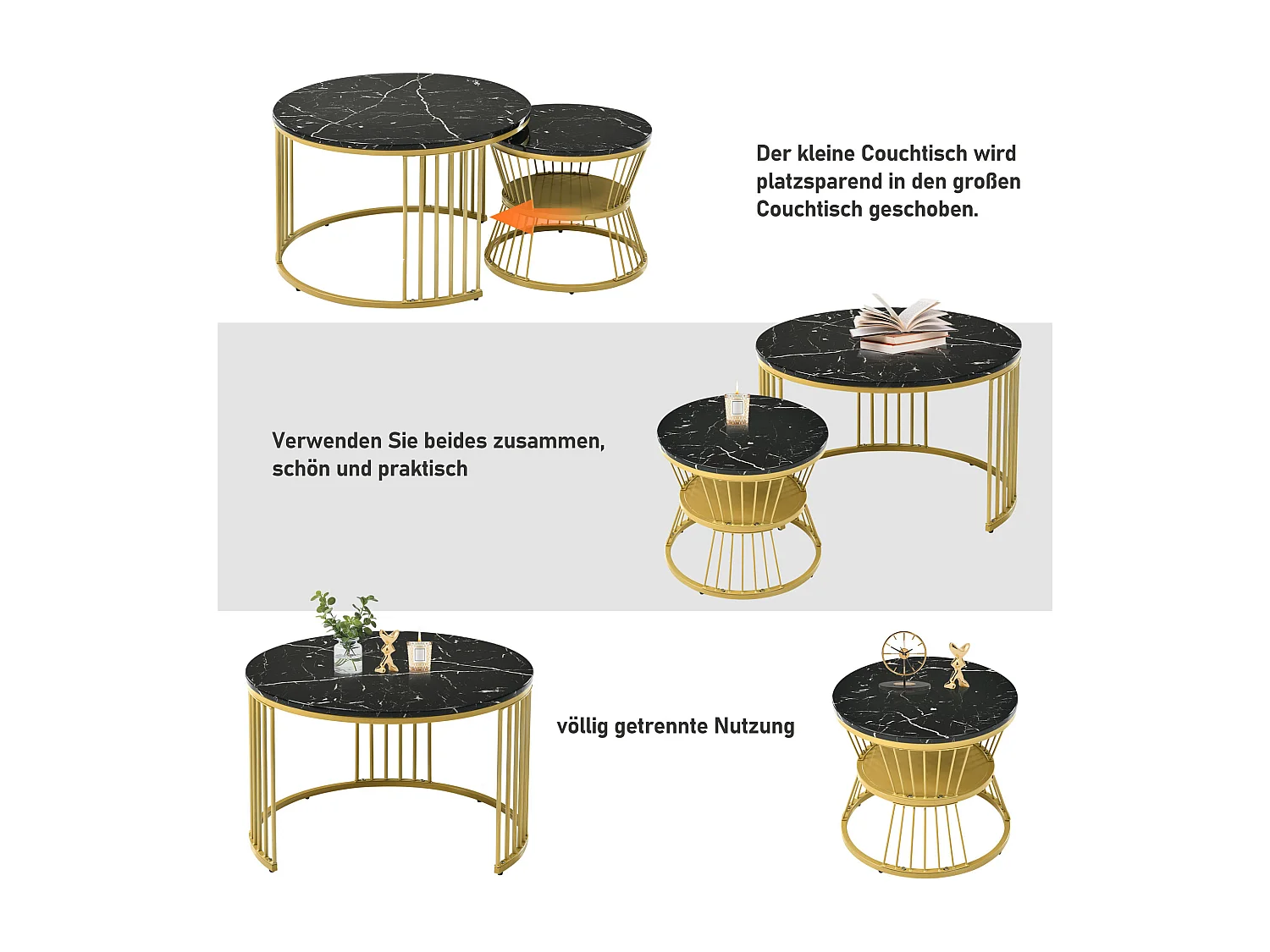 Lot de 2 tables basses gigognes - Tables d'appoint rondes - Métal & MDF - Aspect marbre - Noir