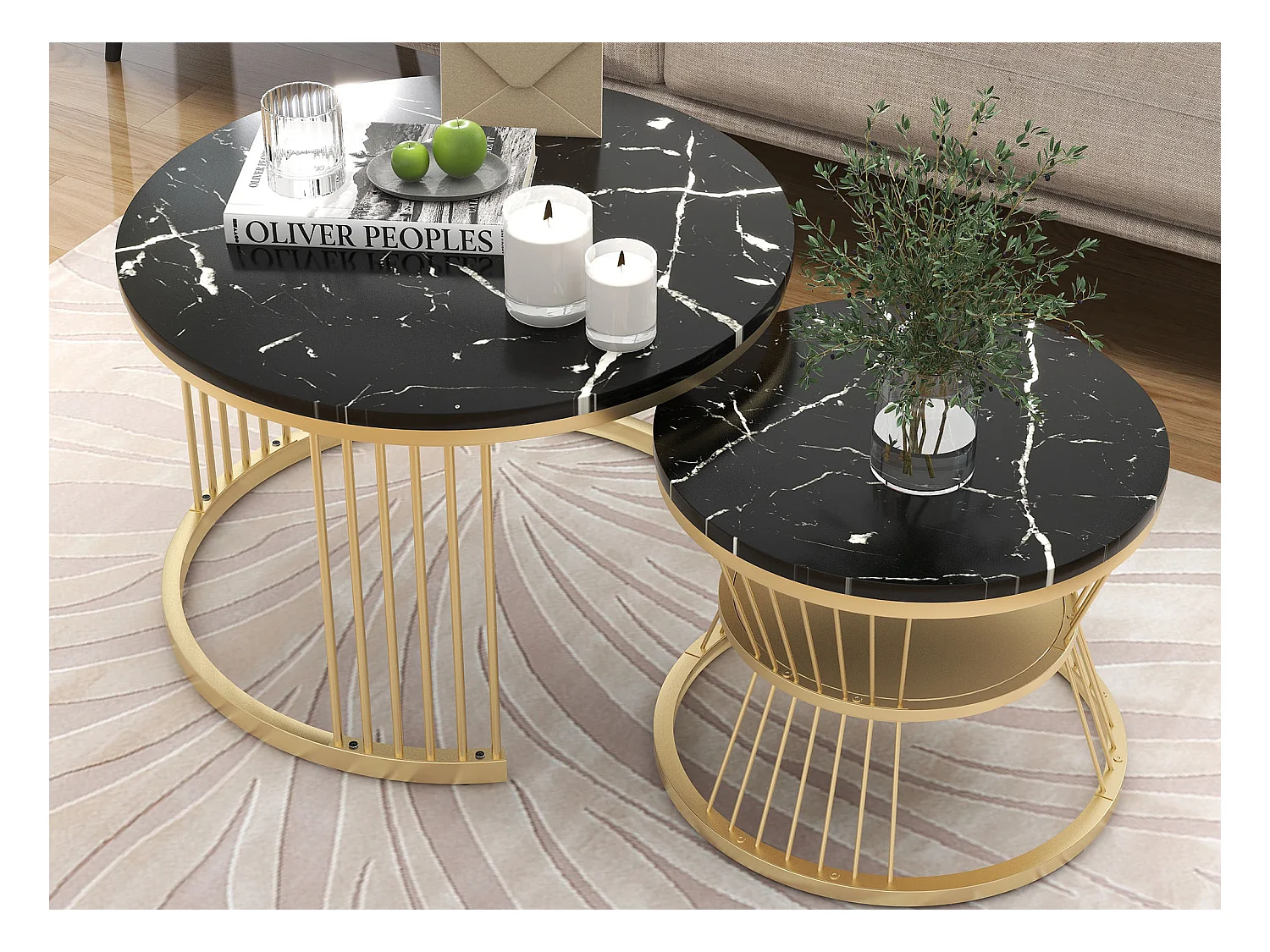 Lot de 2 tables basses gigognes - Tables d'appoint rondes - Métal & MDF - Aspect marbre - Noir