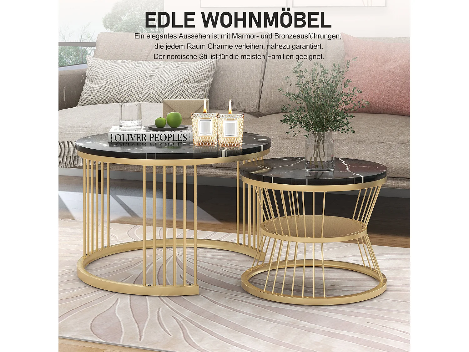 Set van 2 in elkaar geschoven salontafels - Ronde bijzettafels - Metaal & MDF - Marmerlook - Zwart