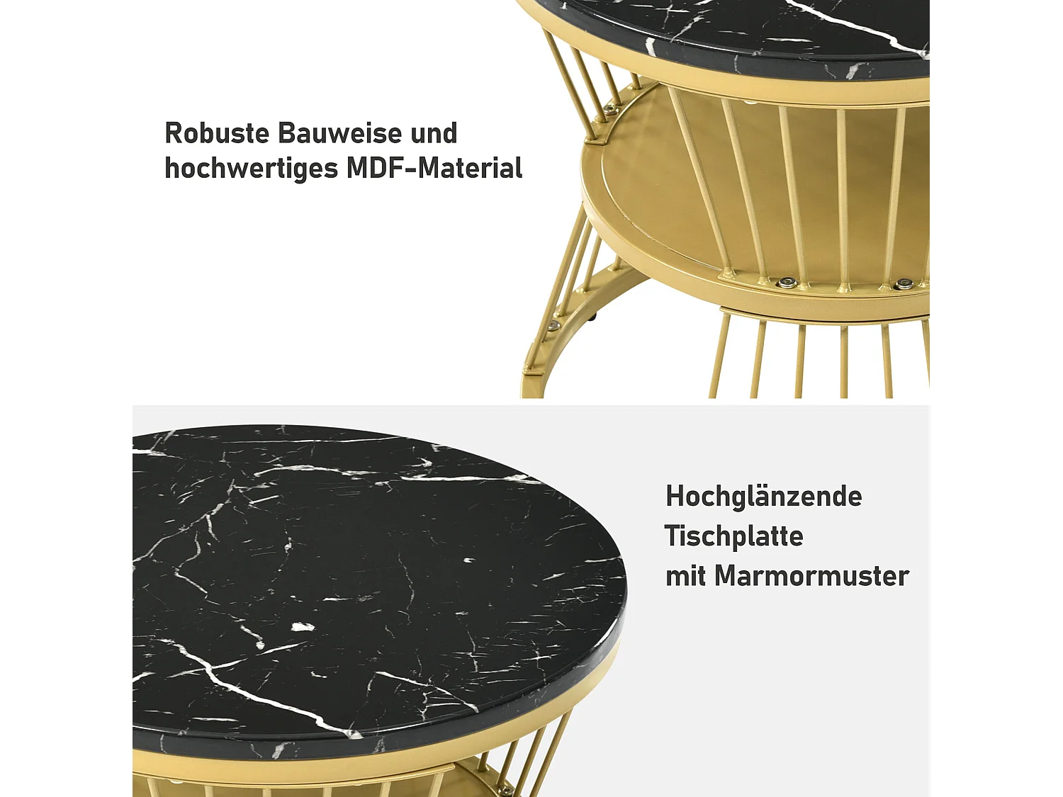 Set van 2 in elkaar geschoven salontafels - Ronde bijzettafels - Metaal & MDF - Marmerlook - Zwart