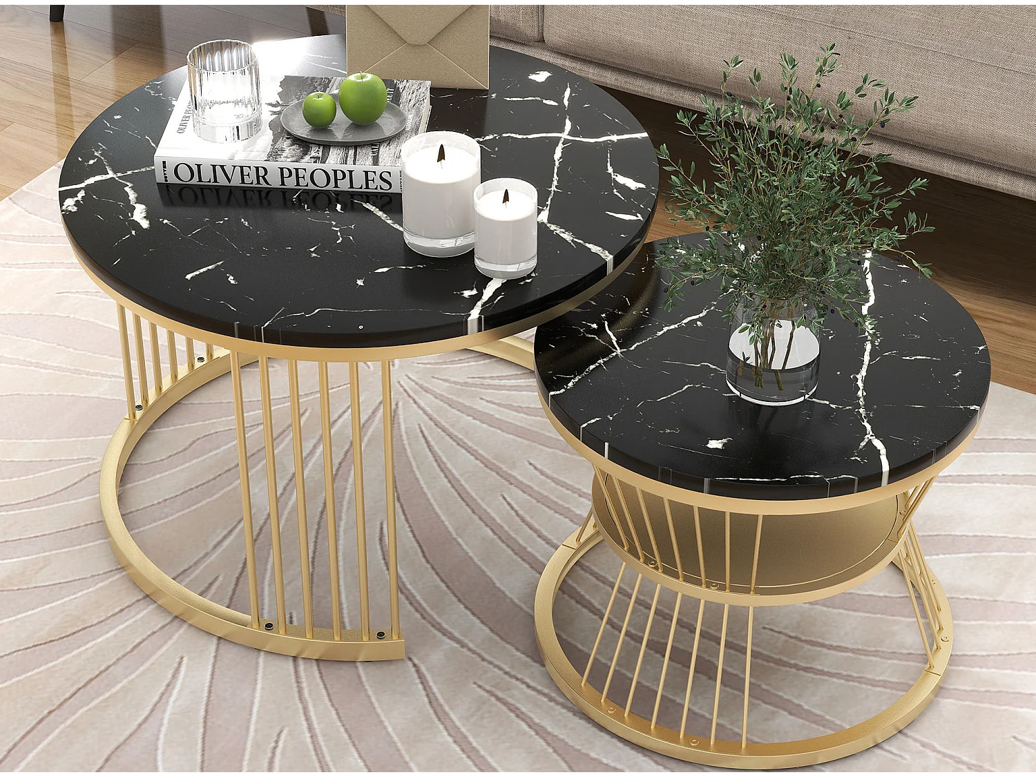 Lot de 2 tables basses gigognes - Tables d'appoint rondes - Métal & MDF - Aspect marbre - Noir