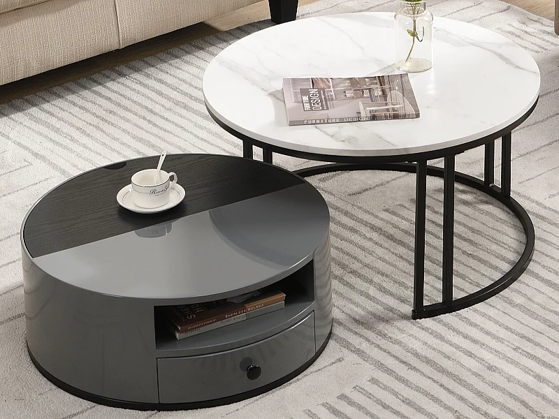 Lot de 2 Tables basses gigognes en deux parties - Aspect et rangements marbre PVC noir et gris, fûts brillants, design élégant