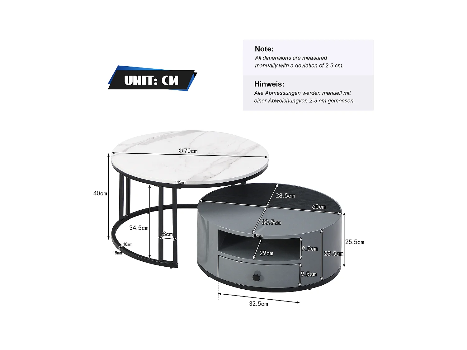 Set van 2 in elkaar schuivende salontafels in twee delen - Zwart en grijs PVC-marmer uiterlijk en opbergruimte, glanzende tonnen, elegant ontwerp