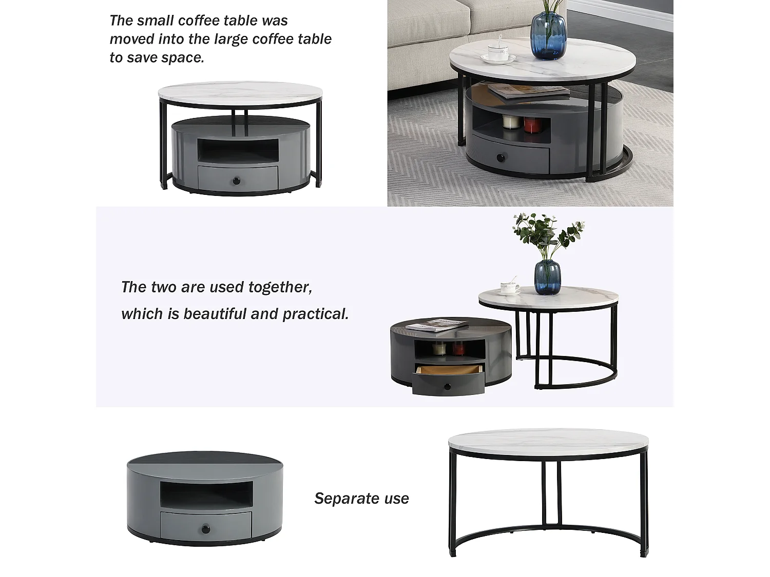 Set van 2 in elkaar schuivende salontafels in twee delen - Zwart en grijs PVC-marmer uiterlijk en opbergruimte, glanzende tonnen, elegant ontwerp