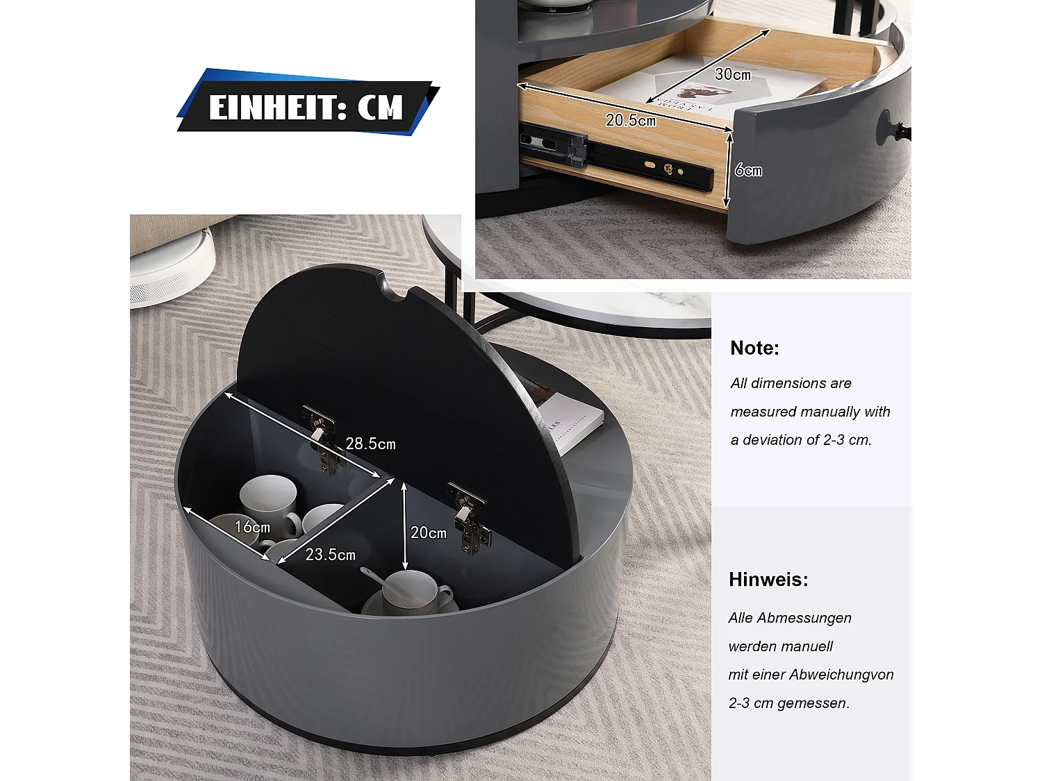 Set van 2 in elkaar schuivende salontafels in twee delen - Zwart en grijs PVC-marmer uiterlijk en opbergruimte, glanzende tonnen, elegant ontwerp