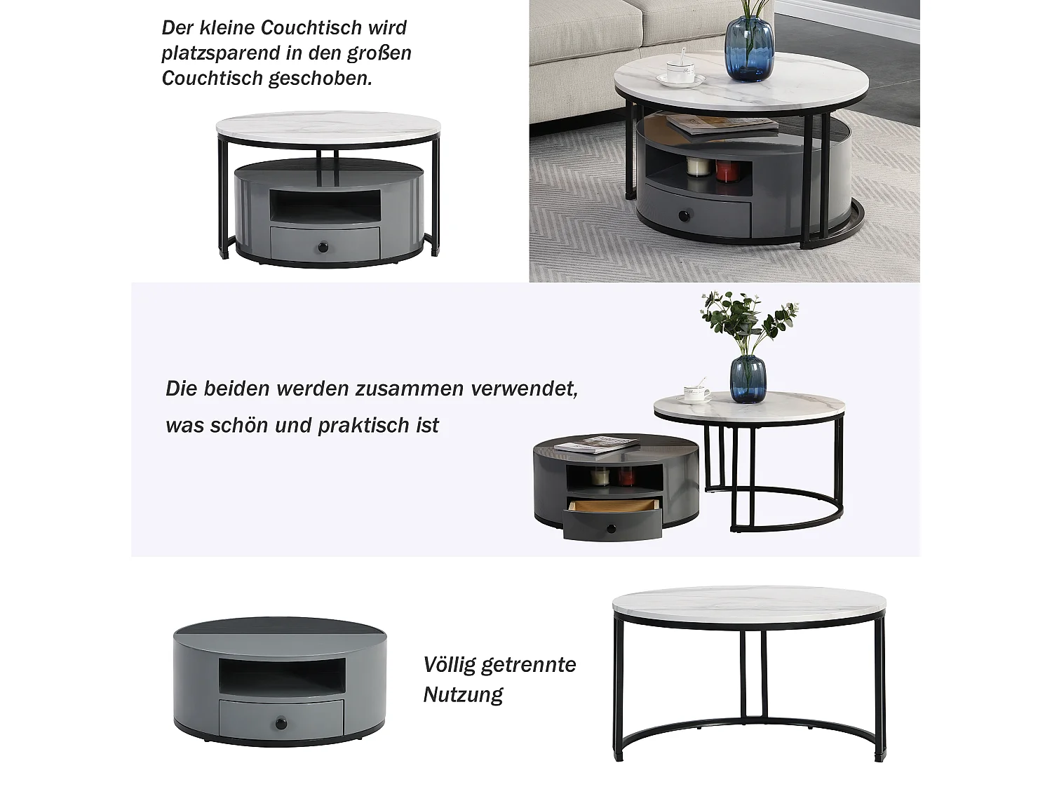 Set van 2 in elkaar schuivende salontafels in twee delen - Zwart en grijs PVC-marmer uiterlijk en opbergruimte, glanzende tonnen, elegant ontwerp