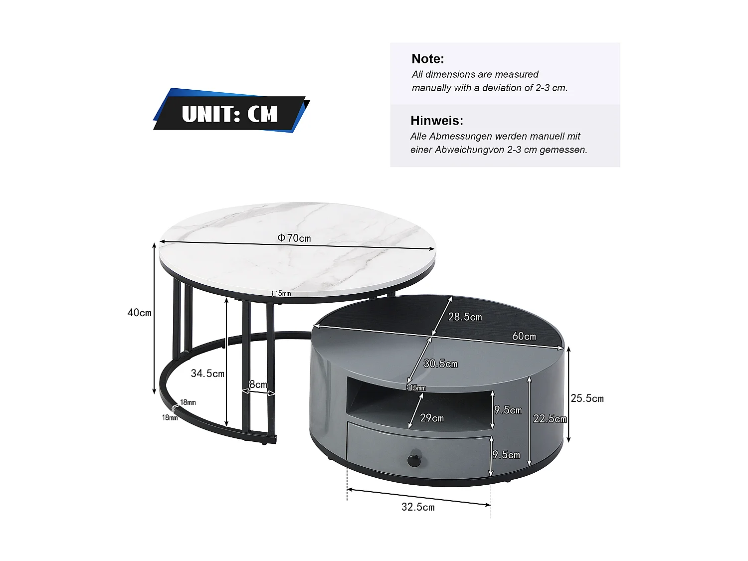 Juego de 2 mesas de centro nido en dos partes: apariencia y almacenamiento de mármol de PVC negro y gris, barriles brillantes, diseño elegante