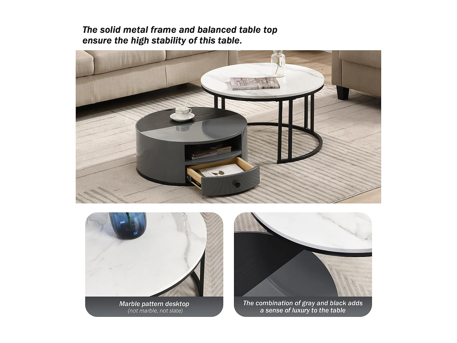 Lot de 2 Tables basses gigognes en deux parties - Aspect et rangements marbre PVC noir et gris, fûts brillants, design élégant