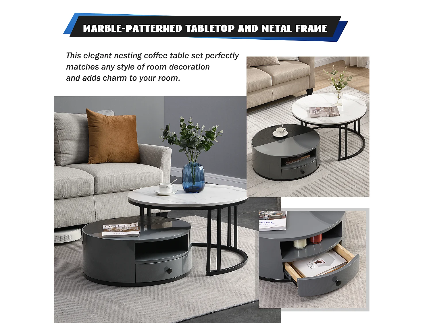 Lot de 2 Tables basses gigognes en deux parties - Aspect et rangements marbre PVC noir et gris, fûts brillants, design élégant