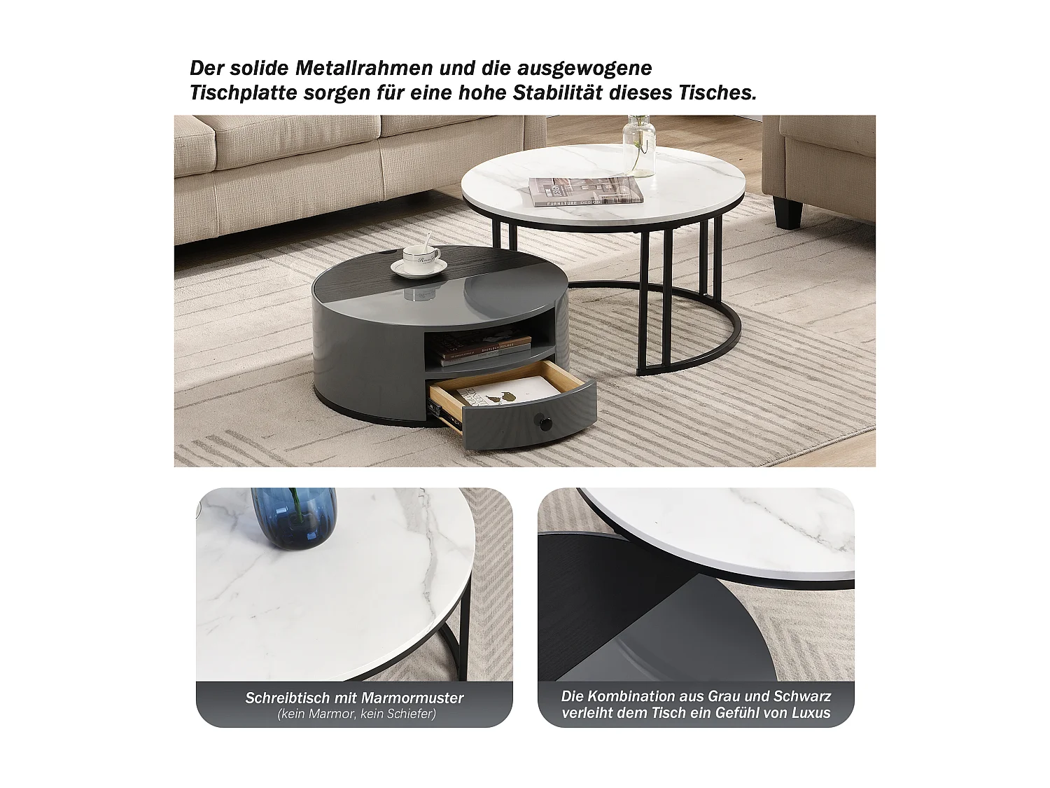 Lot de 2 Tables basses gigognes en deux parties - Aspect et rangements marbre PVC noir et gris, fûts brillants, design élégant