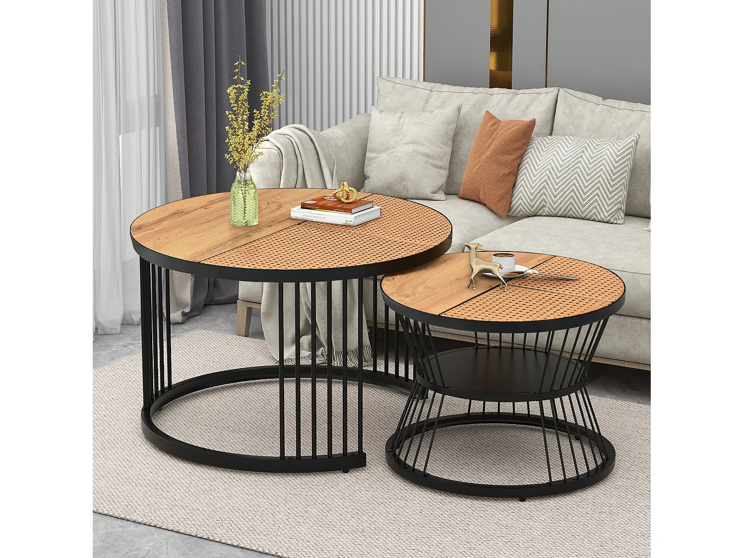 Lot de 2 tables basses rondes de salon - tables gigognes - Métal & MDF - Aspect résine - blanc