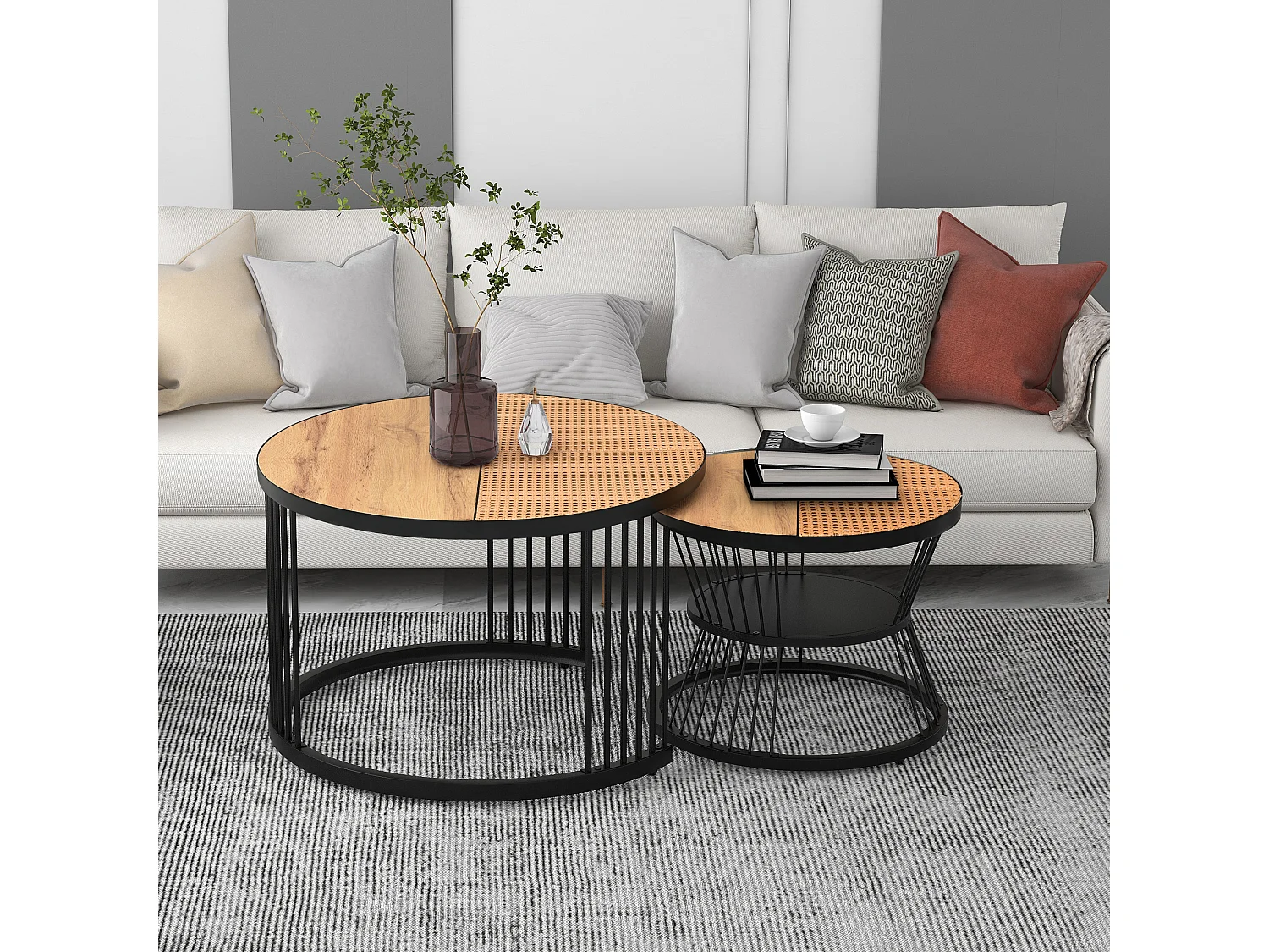 Lot de 2 tables basses rondes de salon - tables gigognes - Métal & MDF - Aspect résine - blanc