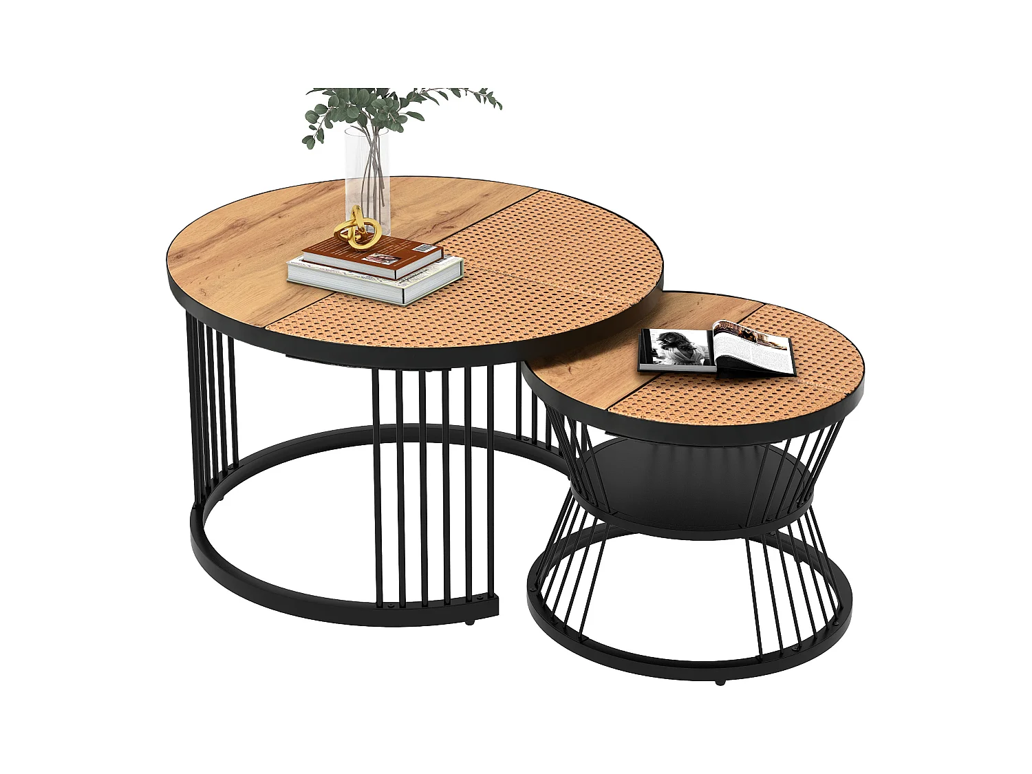 Lot de 2 tables basses rondes de salon - tables gigognes - Métal & MDF - Aspect résine - blanc
