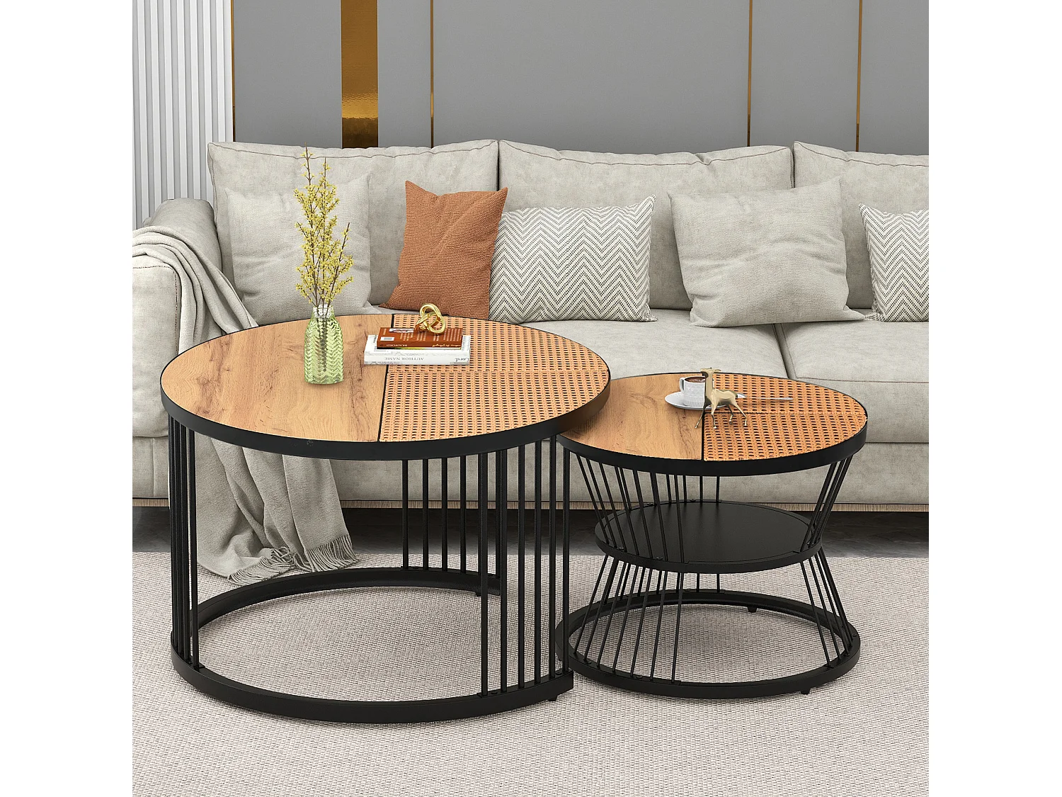 Lot de 2 tables basses rondes de salon - tables gigognes - Métal & MDF - Aspect résine - blanc