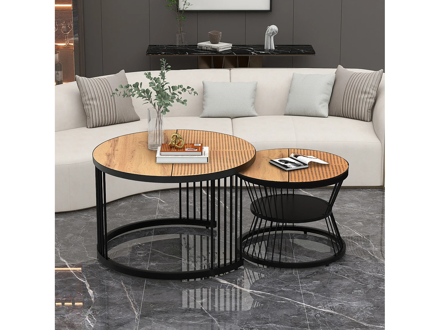 Lot de 2 tables basses rondes de salon - tables gigognes - Métal & MDF - Aspect résine - blanc