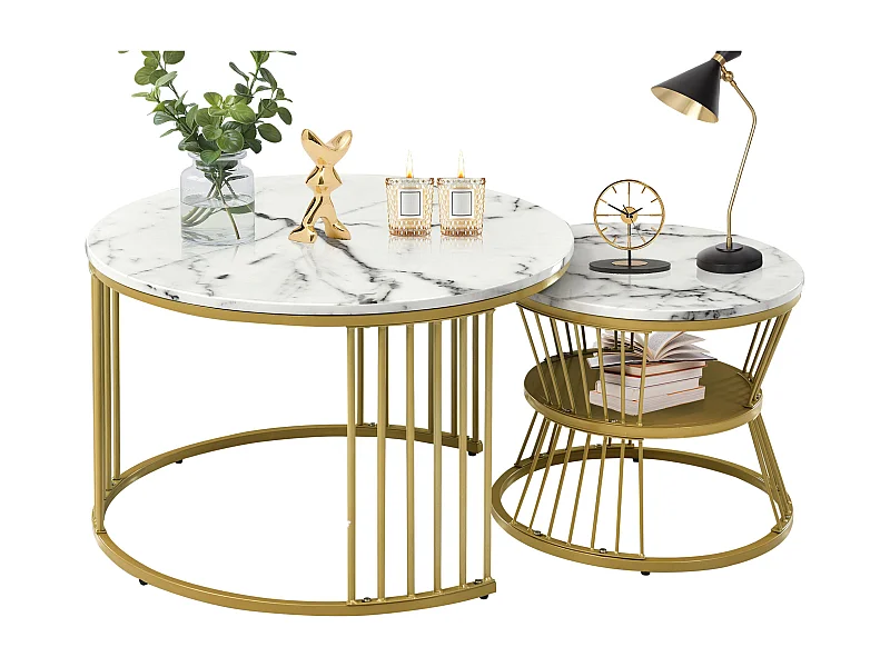 Set mit 2 ineinander steckbaren Couchtischen – runde Beistelltische – Metall und MDF – Marmoroptik – Weiß