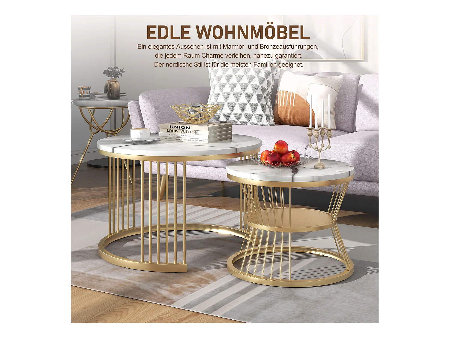 Zestaw 2 składanych stolików kawowych - okrągłe stoliki boczne - metal i MDF - wygląd marmuru - biały