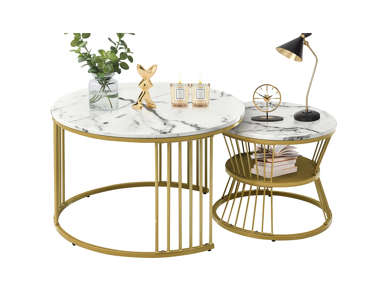 Lot de 2 tables basses gigognes - tables d'appoint rondes - Métal & MDF - Aspect marbre - blanc