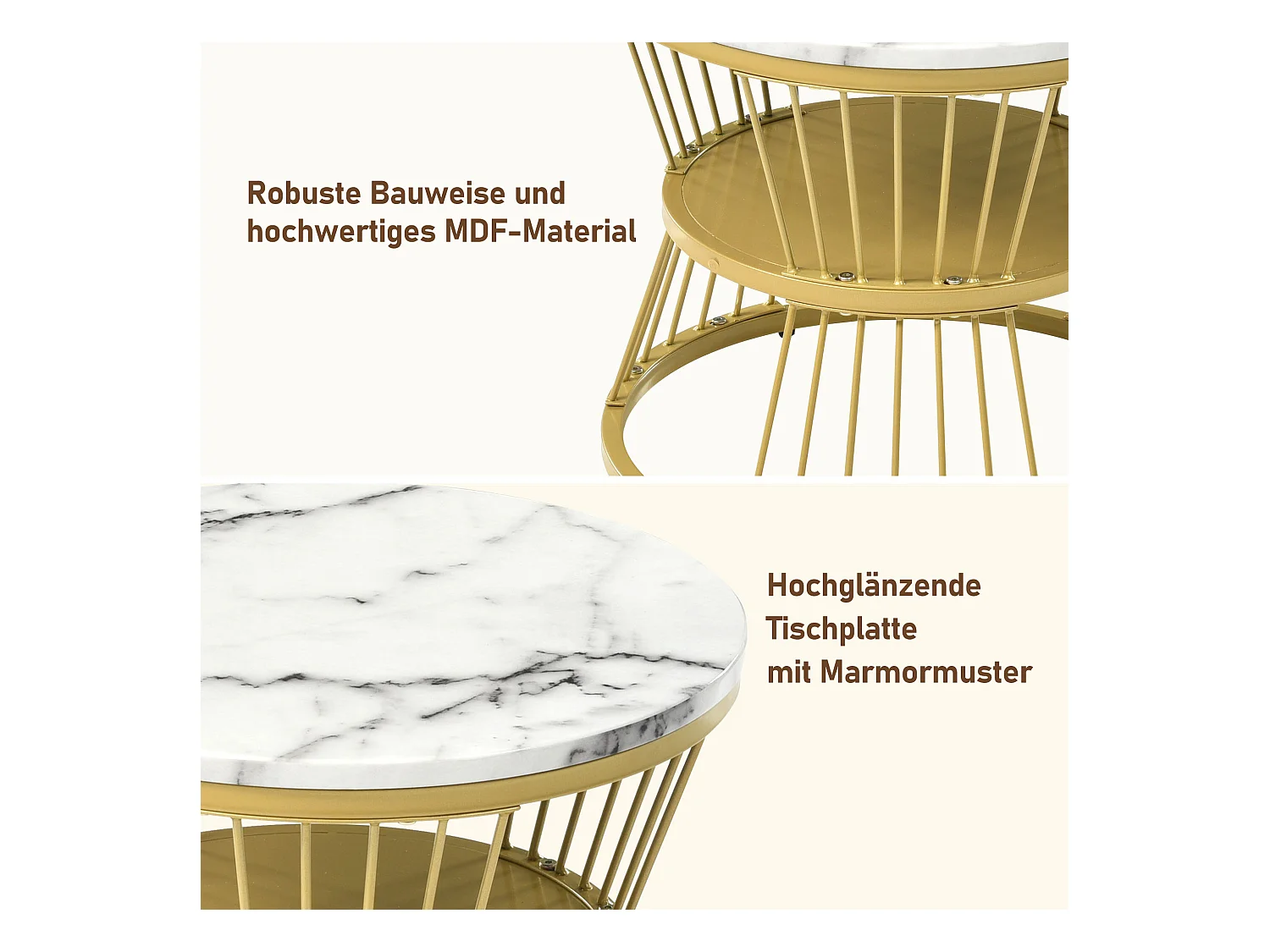 Conjunto de 2 mesas de centro encaixáveis - mesas laterais redondas - Metal e MDF - Aspecto de mármore - branco