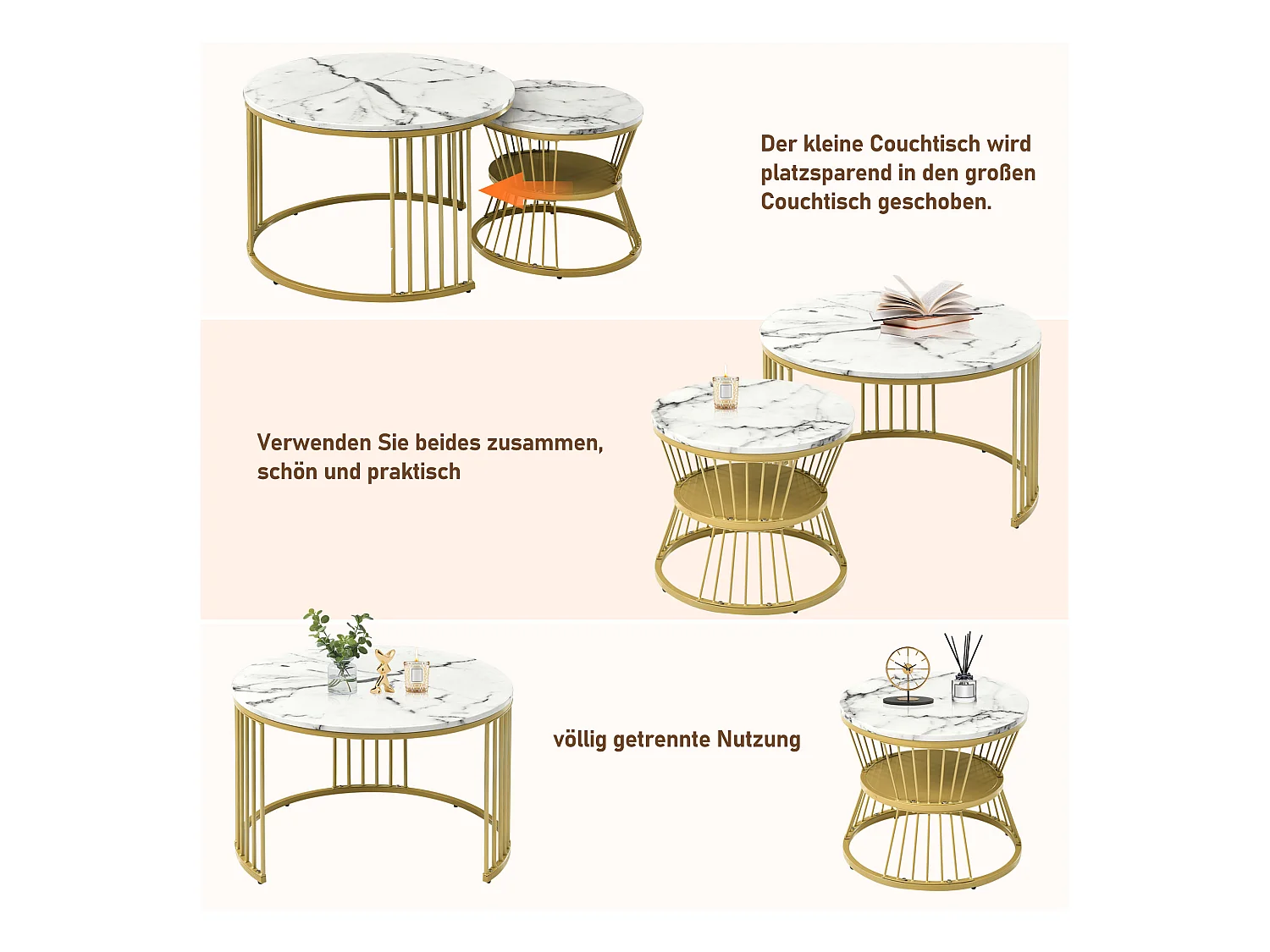 Conjunto de 2 mesas de centro encaixáveis - mesas laterais redondas - Metal e MDF - Aspecto de mármore - branco