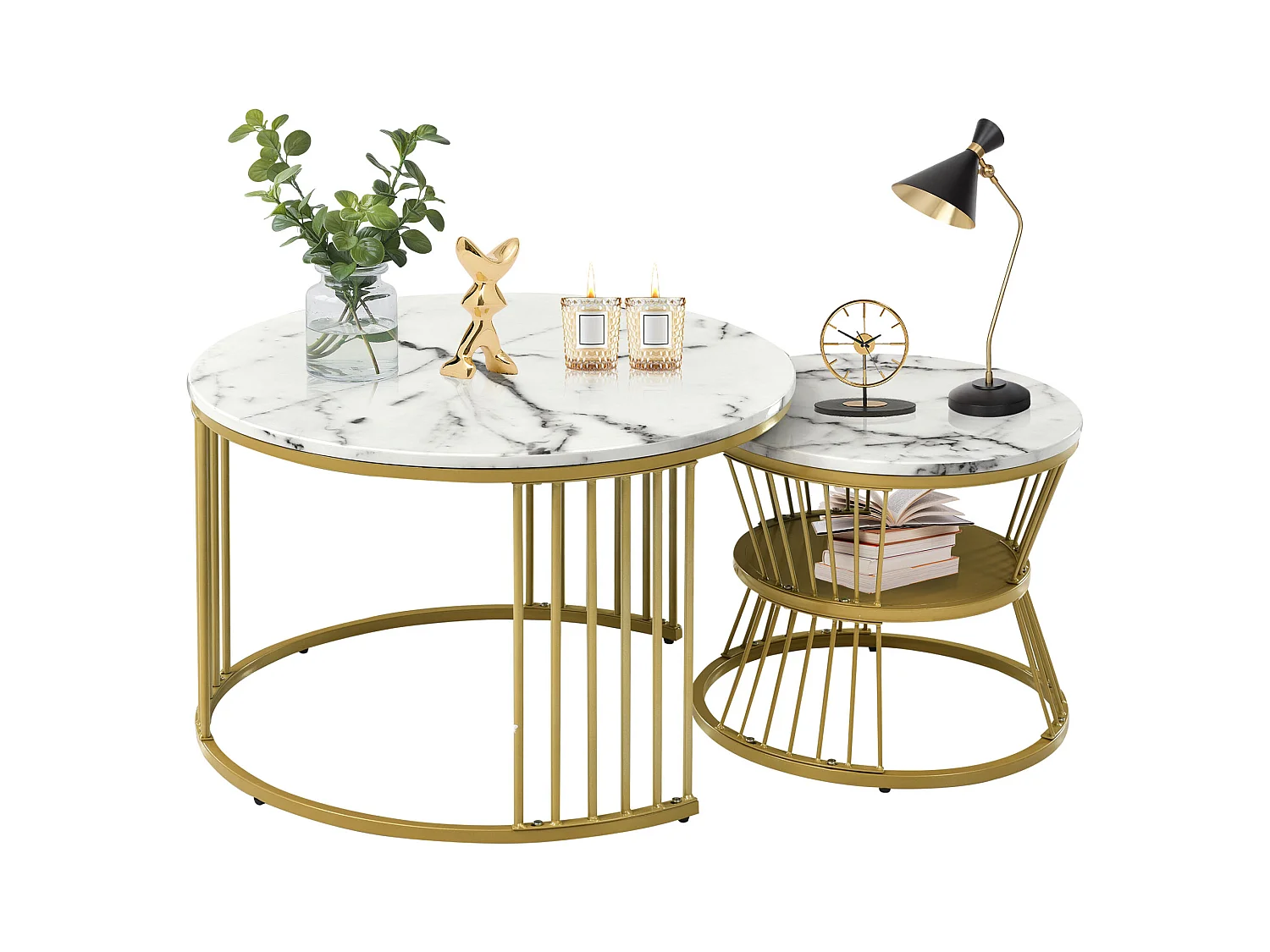 Conjunto de 2 mesas de centro encaixáveis - mesas laterais redondas - Metal e MDF - Aspecto de mármore - branco