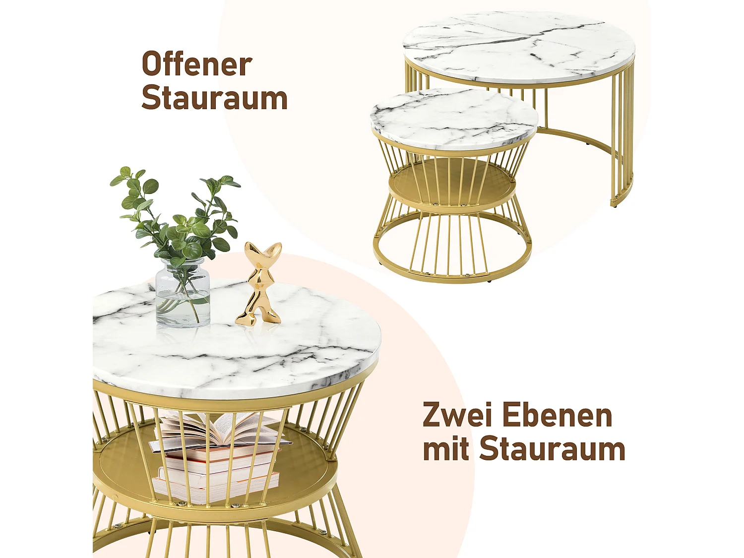 Lot de 2 tables basses gigognes - tables d'appoint rondes - Métal & MDF - Aspect marbre - blanc