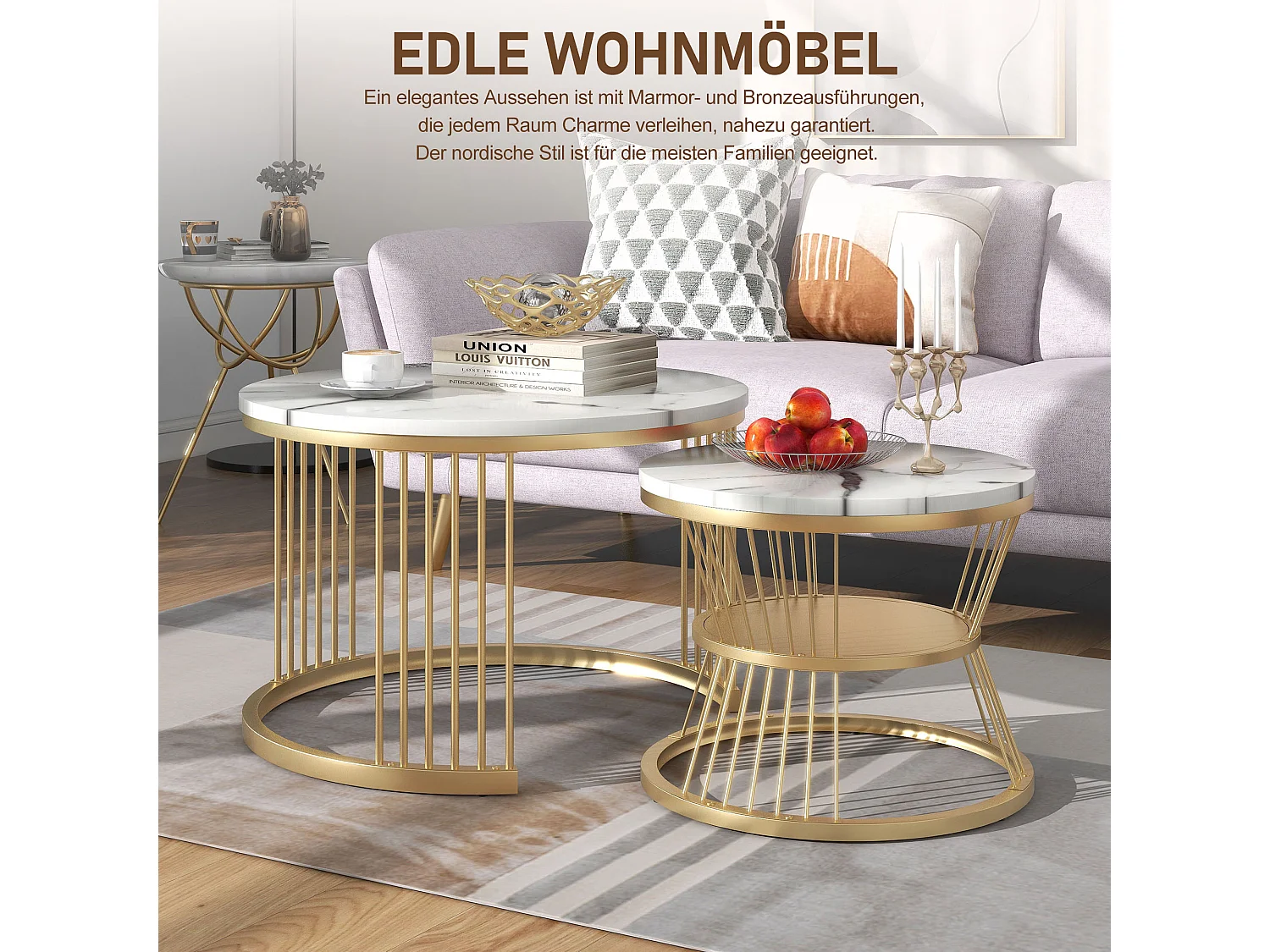 Lot de 2 tables basses gigognes - tables d'appoint rondes - Métal & MDF - Aspect marbre - blanc