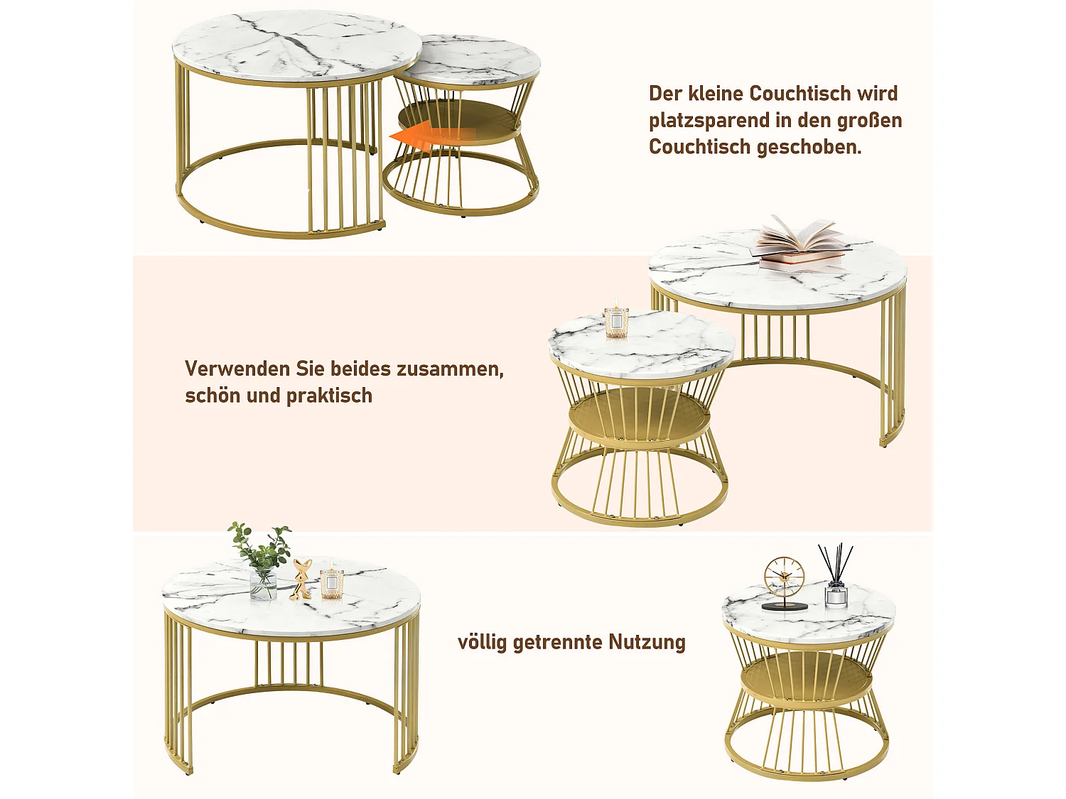 Lot de 2 tables basses gigognes - tables d'appoint rondes - Métal & MDF - Aspect marbre - blanc