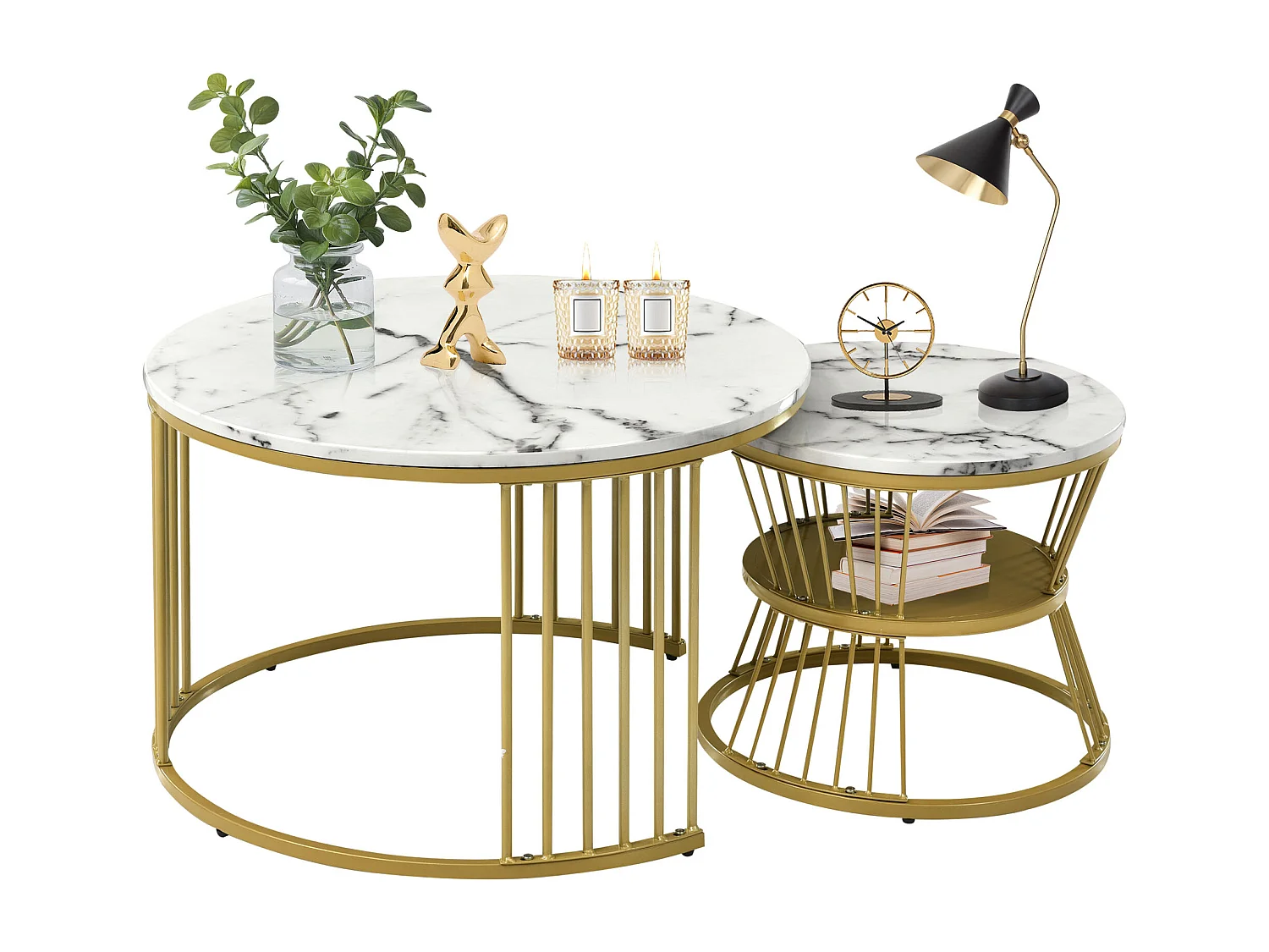 Lot de 2 tables basses gigognes - tables d'appoint rondes - Métal & MDF - Aspect marbre - blanc