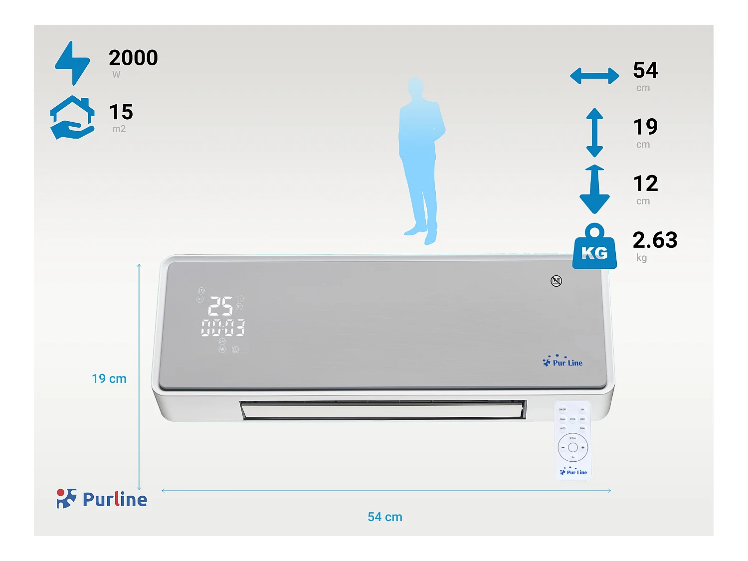 Chauffage soufflant 2000 W façade en verre argenté télécommande et minuterie
