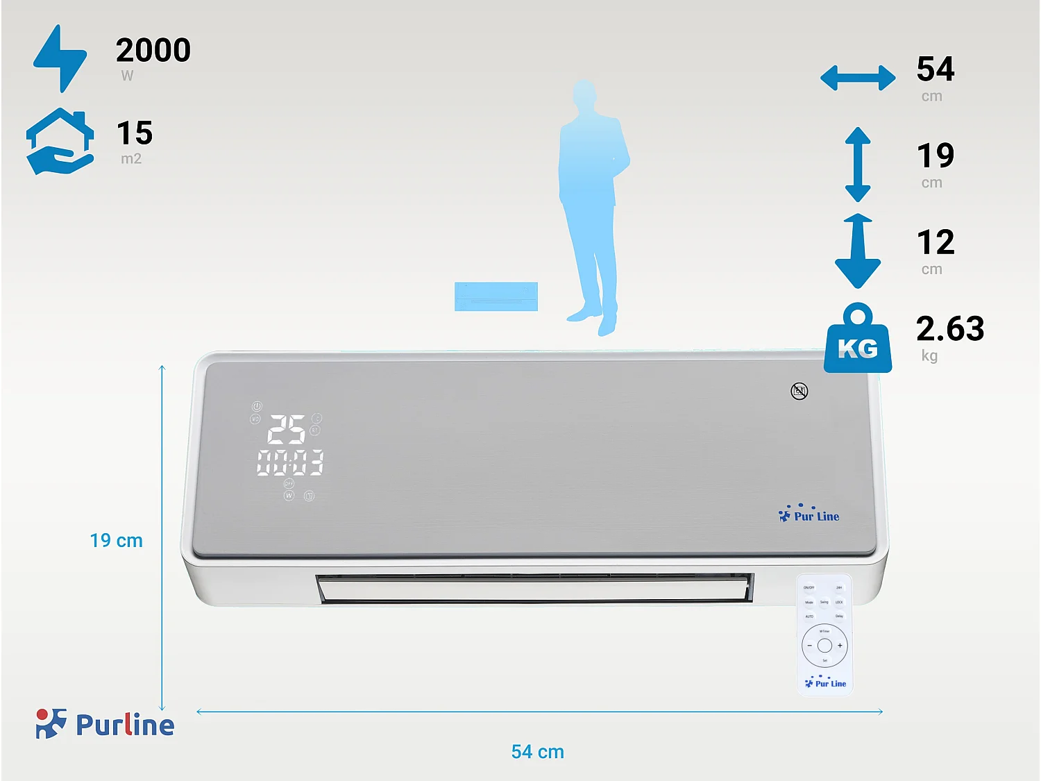 Chauffage soufflant 2000 W façade en verre argenté télécommande et minuterie